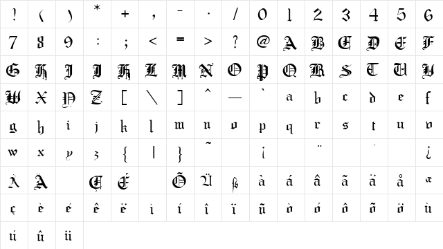 CrusaderGothic Regular  glyph index
