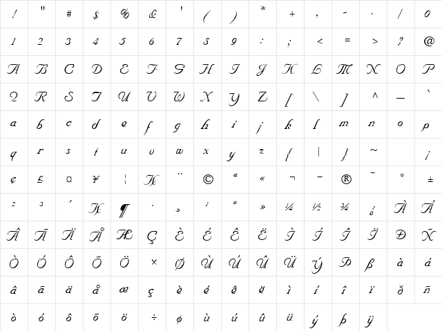 K Barr頭 Cursive Regular  glyph index