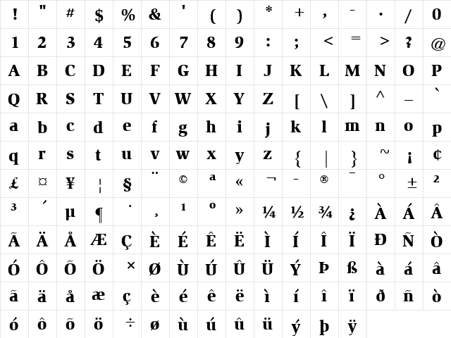 Slimbach LT Black Regular  glyph index