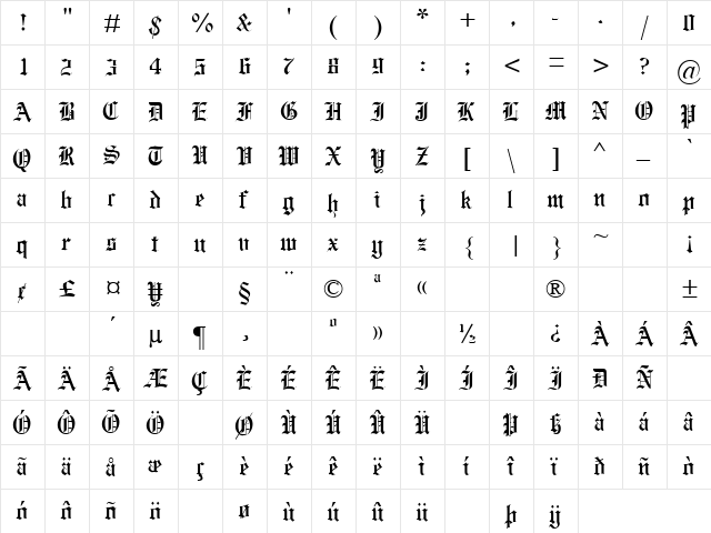 Inferno 11 Regular  glyph index
