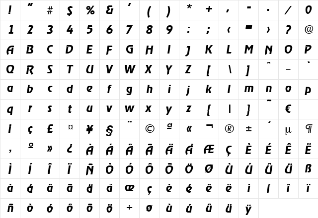 Ragtime-DemiBoldIta Regular  glyph index