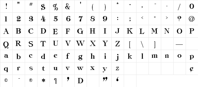 ClassicaHeavy Regular  glyph index