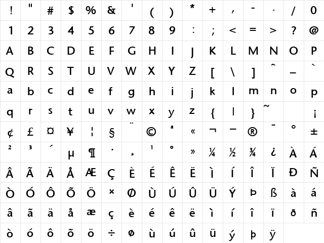 Optimist Bold  glyph index