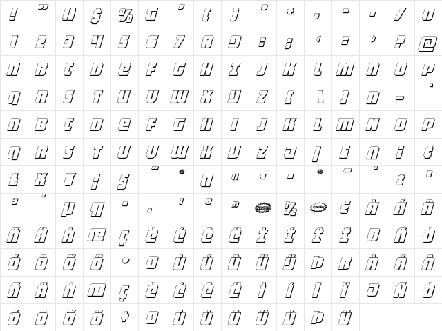 Heavy Falcon 3D Italic Italic  glyph index