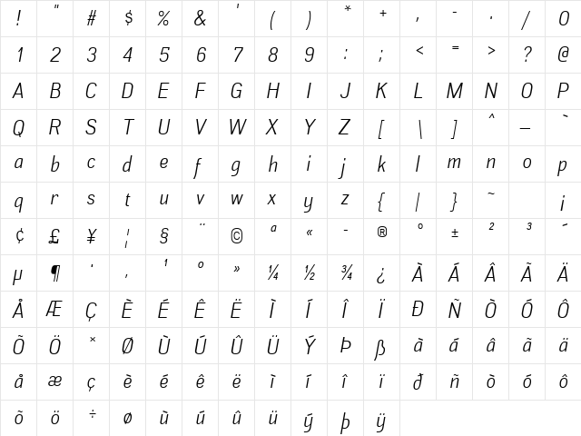Akazan Book Italic  glyph index