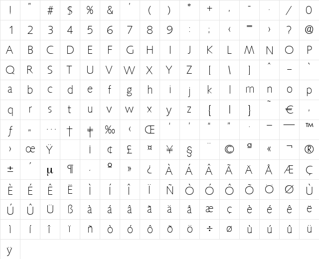 Saxony-Xlight Regular  glyph index