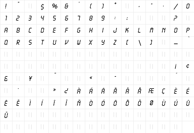 LCD Regular  glyph index