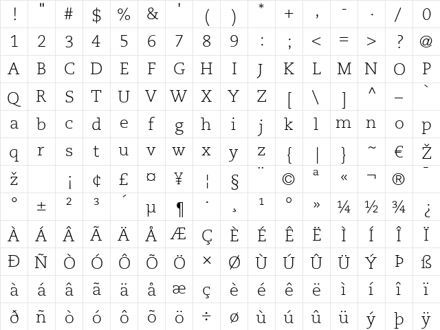 Caecilia LT Light Regular  glyph index