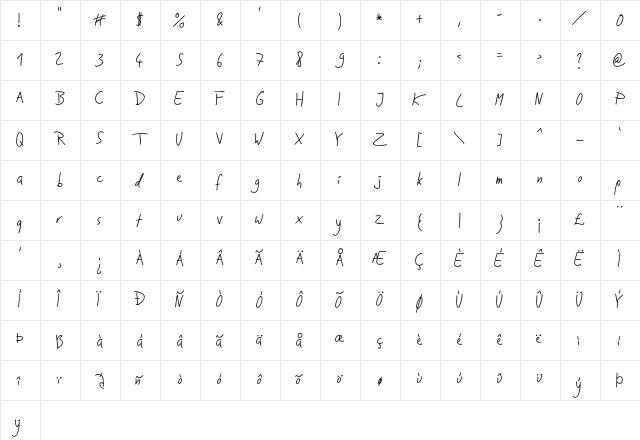 Jakobs Handwriting Regular  glyph index