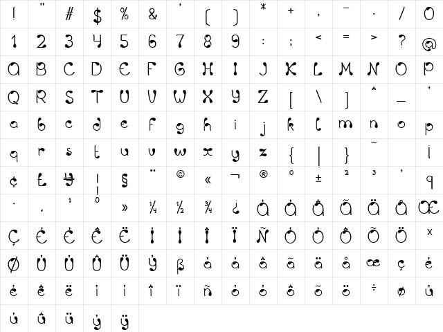 Virgule Regular  glyph index