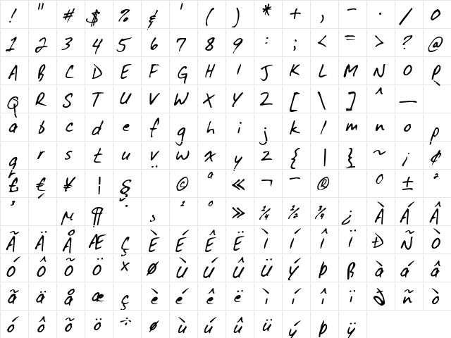 DirtyDarren Regular  glyph index