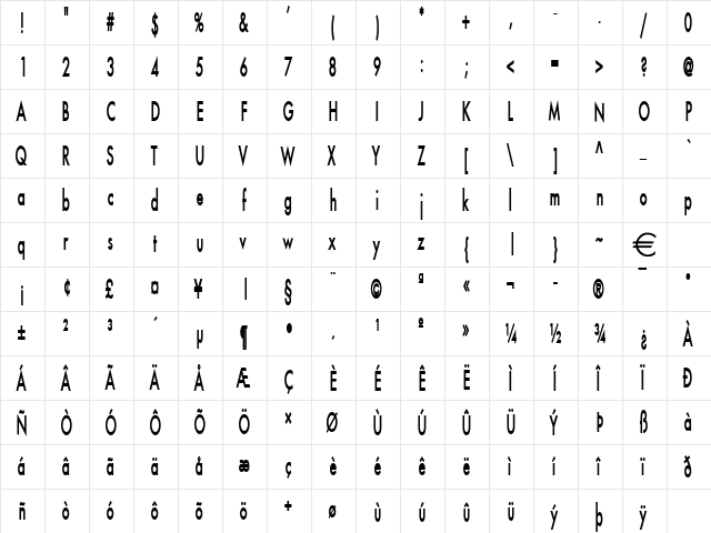 FusiThin Bold  glyph index