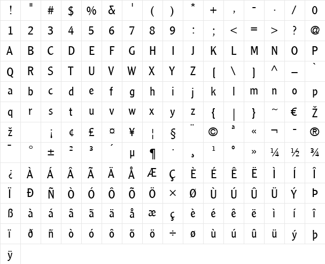ClearfaceGothic LT Light Regular  glyph index