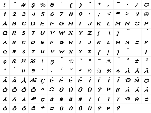 Stencil SansExtended Italic  glyph index