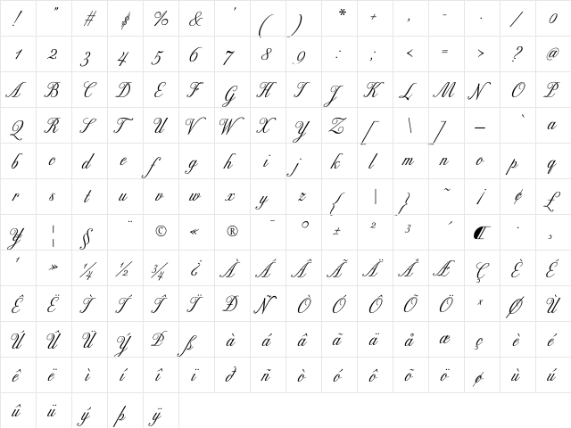 Excelsor Script Bold  glyph index