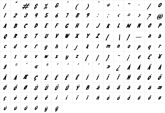 Youth Wright Italic  glyph index