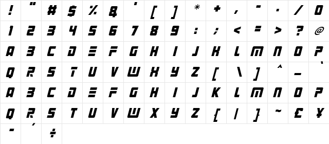 Alien Android Italic  glyph index