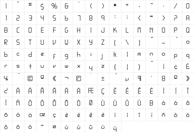 Digitalface Regular  glyph index