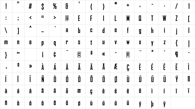 AgencyFB Bold Cond Regular  glyph index