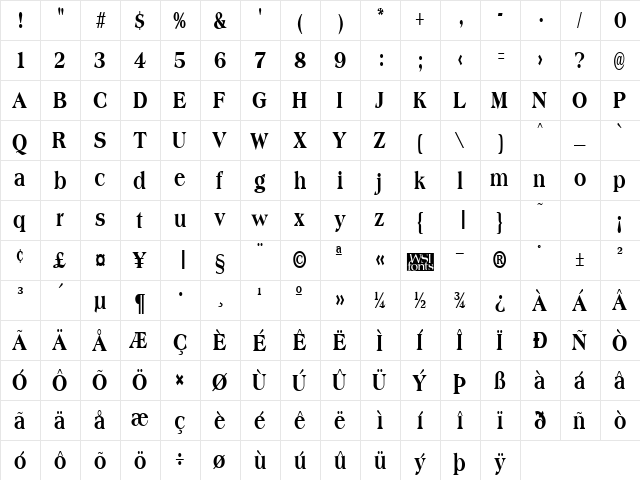 AmphionCondensedExtrabold Regular  glyph index