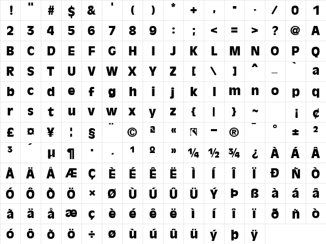 Antique Ovation Black Regular  glyph index