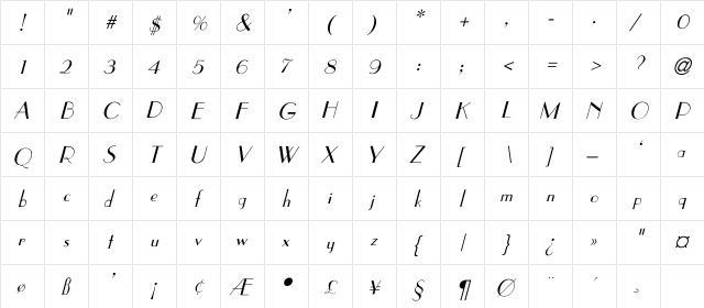 Parisian-Thin Italic Italic  glyph index