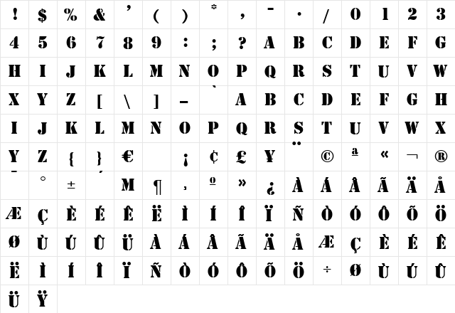 Stenford Black DB Regular  glyph index
