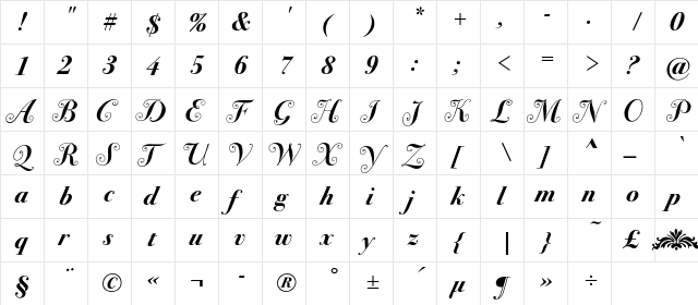 Bodoni72SwashC Bold  glyph index