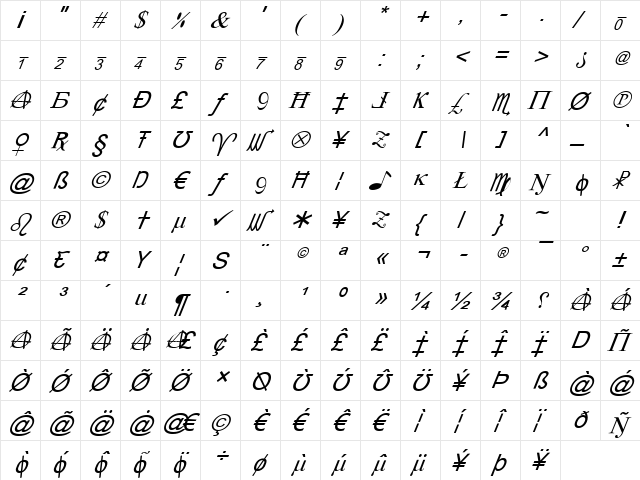 X-Cryption Italic Italic  glyph index