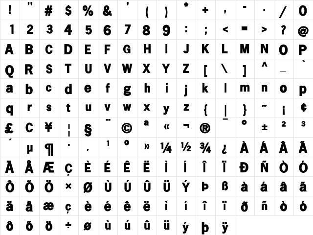 SansSerifVarying-Black Regular  glyph index