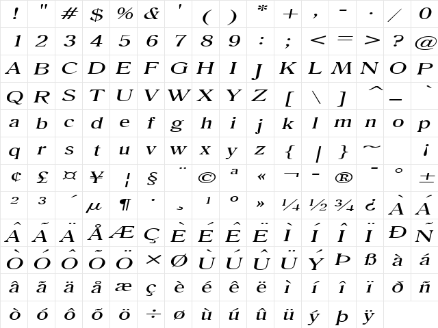 Roomy Extended Italic  glyph index