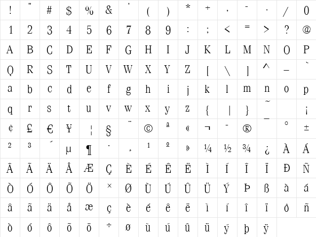 Ferrara-Light Regular  glyph index