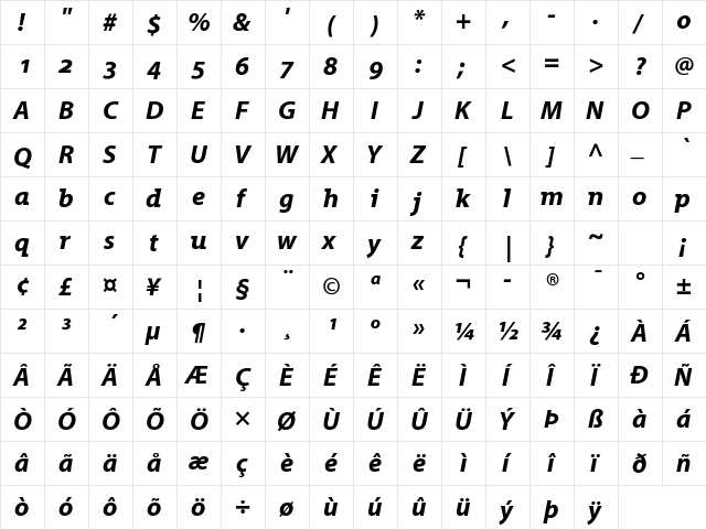 Grandesign Neue Roman Bold Italic  glyph index