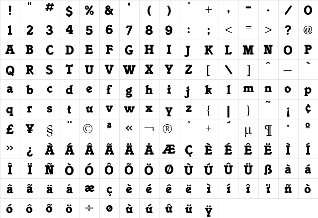 Italia Bold  glyph index