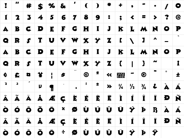 Coaster Regular  glyph index