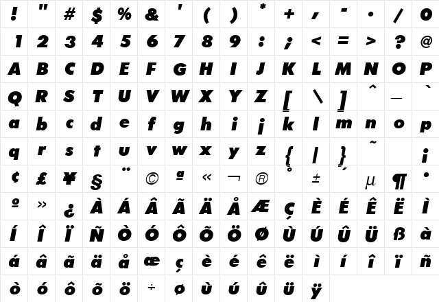 Futura ICG XBold Oblique  glyph index