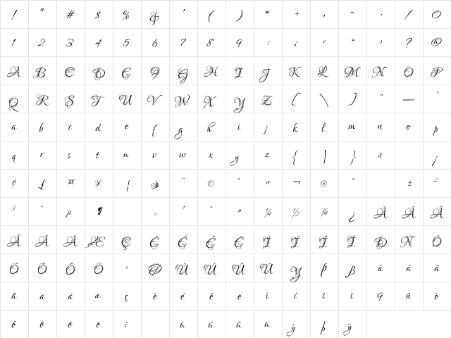 Lovers Quarrel Regular  glyph index