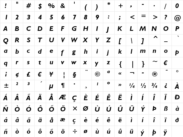 Humanst521 BT Bold Italic  glyph index