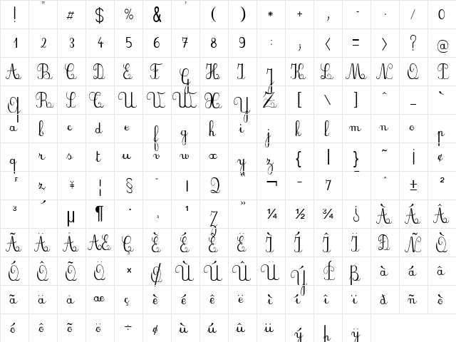 PlumScript Regular  glyph index