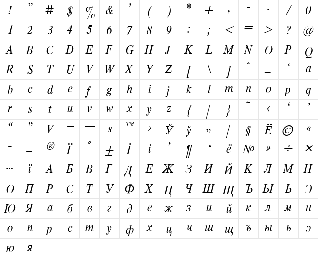 Respect Narrow Italic  glyph index