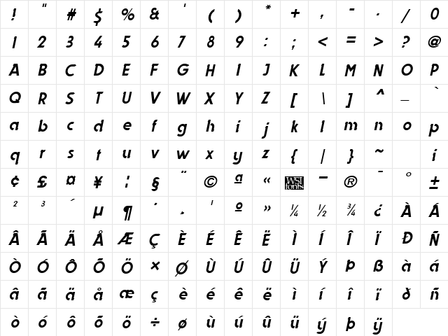 Dynasty Italic  glyph index