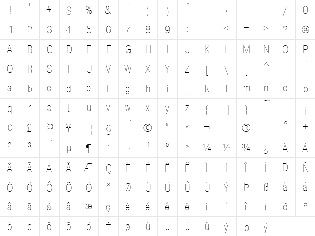 NimbusSanNovTUltLigCon Regular  glyph index