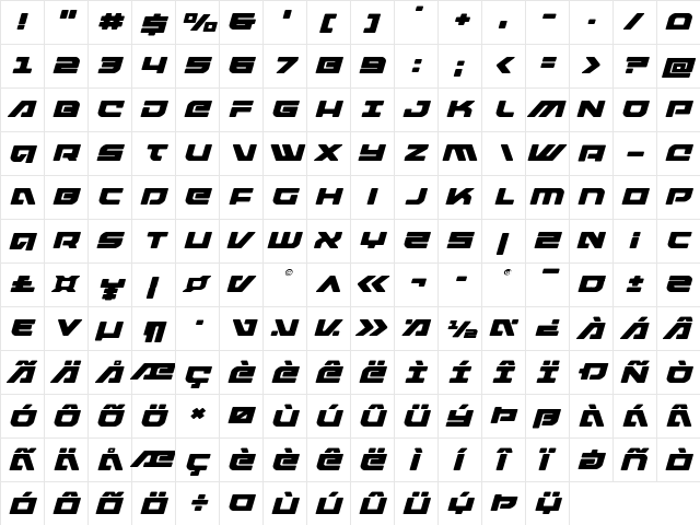 Armed Lightning Expanded Italic Expanded Italic  glyph index