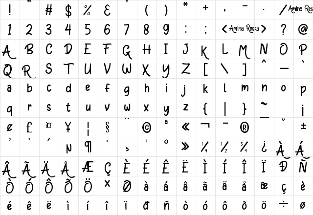 Amina Reska Regular  glyph index