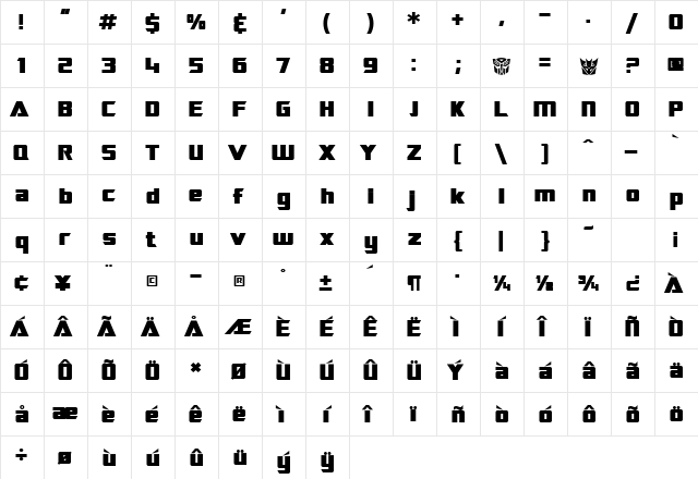 SF TransRobotics Bold  glyph index