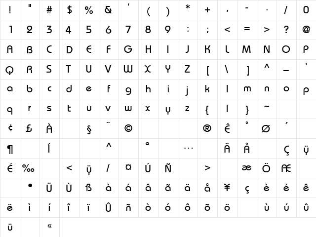 BauhausThin Regular  glyph index