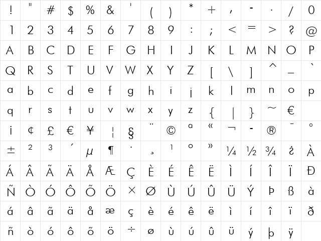 Futura Lt BT Light  glyph index