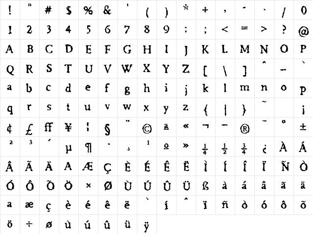 Irregular Bold Regular  glyph index