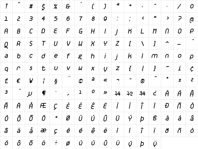 TantalusAlternativeItalic Regular  glyph index