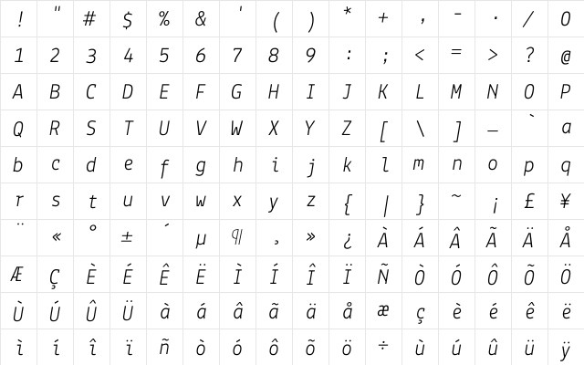 Lekton Italic  glyph index